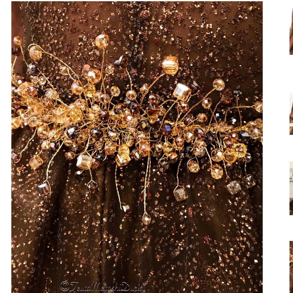 Teuta Matoshi Plus Size Embellished Brown Gown with Gold Accents - Picture 3 of 4